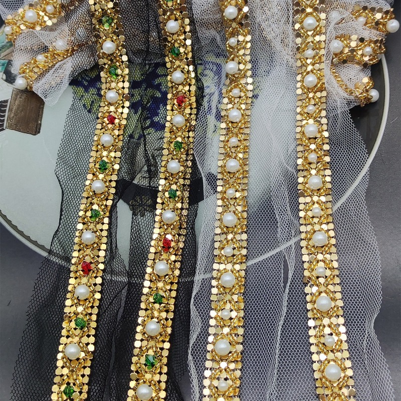 Lace Ribbon Trim - Nieuwe handgemaakte gouden kantversiering met kralen